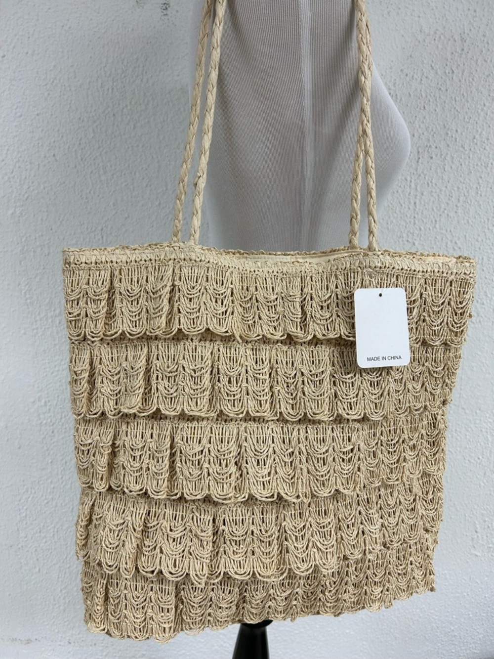 NEW Studio Collection Rattan Straw Tote Bag Purse Tiered Fringe Detail 15x14